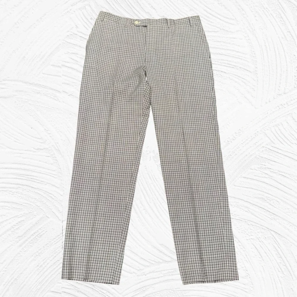 Canali‎ Dress Pants Mens 35X31.5 Black Cream Plaid Wool Flat Front Italy Classic